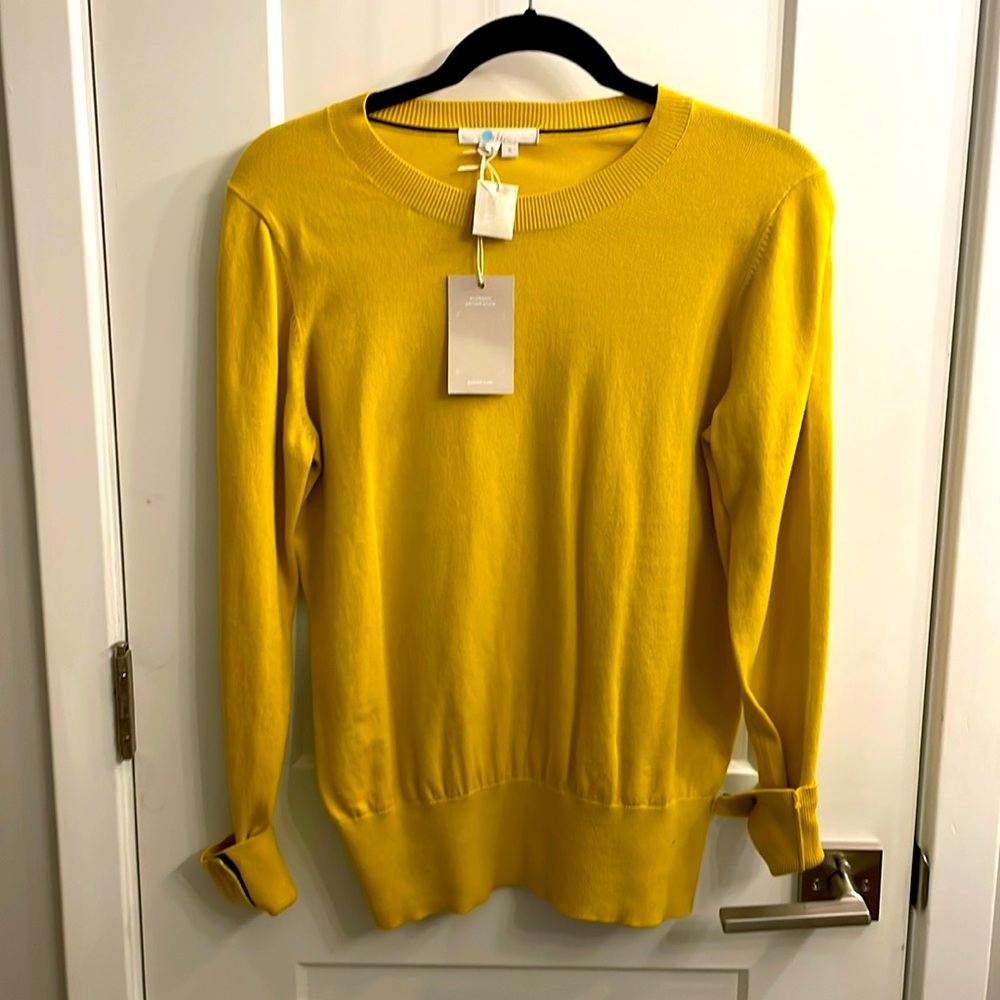 NEW W/TAGS. Boden sweater yellow with navy sleeve details.